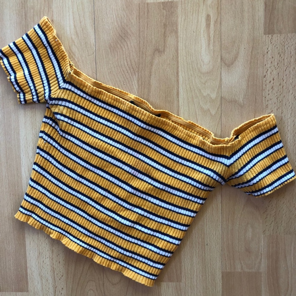 🐝🐝 Striped Crop Top Short Sleeves Square Neck Off Shoulder Yellow Black White - Picture 1 of 6